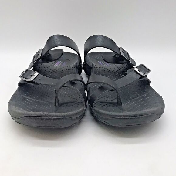 Skechers Outdoor Lifestyle 41007 Sandals Women 8 Black Leather Dbl. Buckle Slide - Picture 2 of 11
